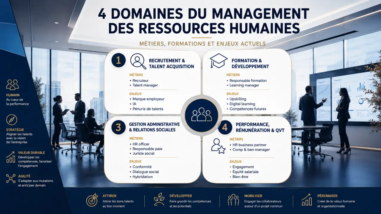 4 domaines du management des ressources humaines : métiers, formations et enjeux actuels